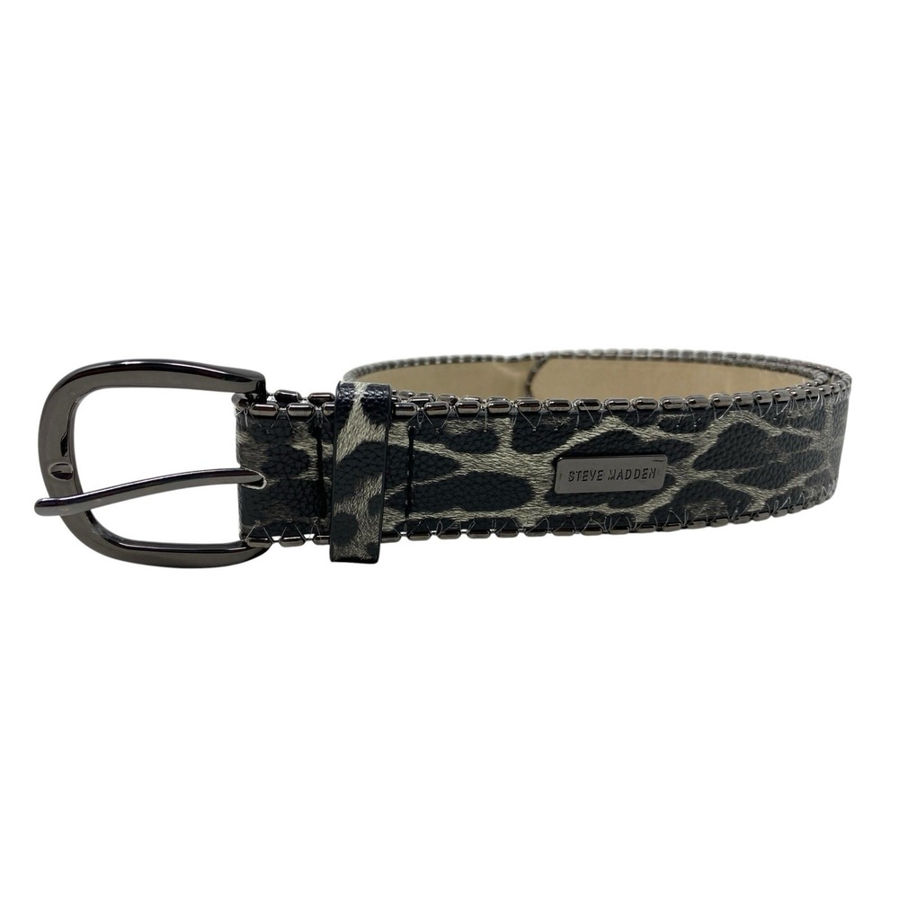 Steve Madden Womens Animal Print Black & Grey Fashion Belt Beaded Trim 31"-35"